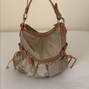 DKNY Tan Leather Nylon Expandable Hobo Handbag
